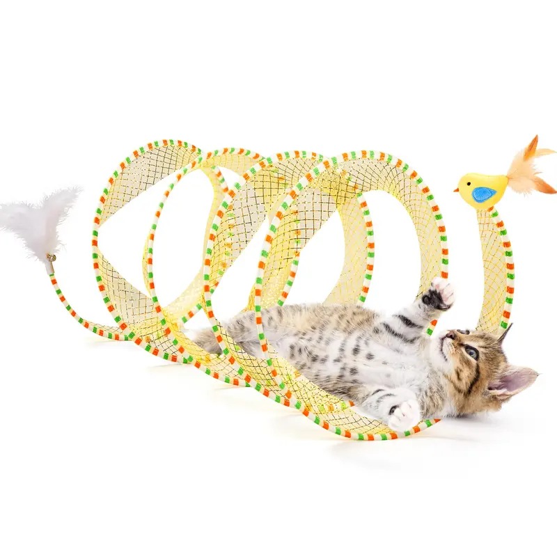 Potaroma Spiral Tunnel Cat Toy, Cat Self Play Spiral Kitten Collapsible Spring Tunnel Toy for Indoor Cats with Feather and Bell, 20 Inches Unfolded
