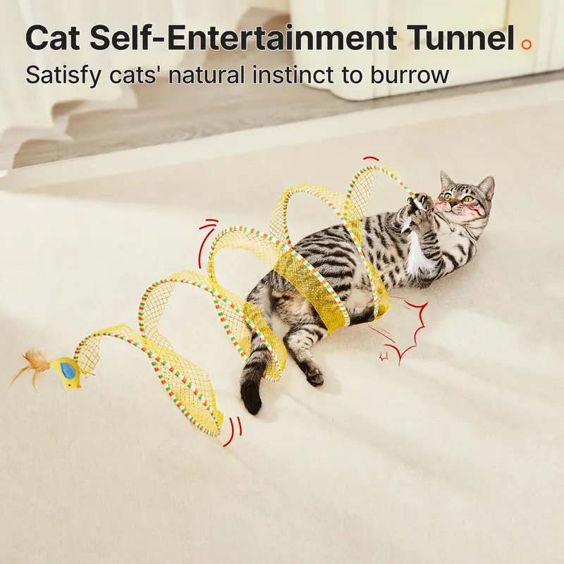 Potaroma Spiral Tunnel Cat Toy, Cat Self Play Spiral Kitten Collapsible Spring Tunnel Toy for Indoor Cats with Feather and Bell, 20 Inches Unfolded