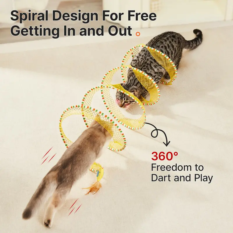 Potaroma Spiral Tunnel Cat Toy, Cat Self Play Spiral Kitten Collapsible Spring Tunnel Toy for Indoor Cats with Feather and Bell, 20 Inches Unfolded