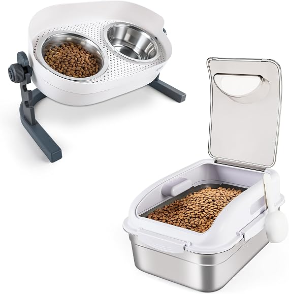 Elevated Dog Bowls + Stainless Steel Dog Food Storage Container Bundle - Height Adjustable Dog Feeder & Airtight Pet Food Bin– Complete Meal Station for Dogs & Cats