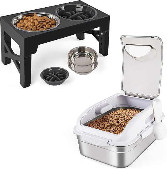 Elevated Dog Bowls & Stainless Steel Food Storage Container Bundle, Adjustable Raised Dog Feeder Stand with Slow Feeder Bowl + Airtight Pet Food Bin (Up to 11 lbs), Complete Meal