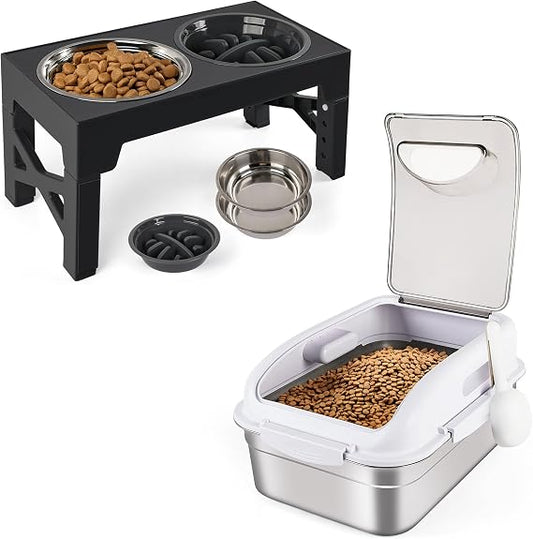 Elevated Dog Bowls & Stainless Steel Food Storage Container Bundle, Adjustable Raised Dog Feeder Stand with Slow Feeder Bowl + Airtight Pet Food Bin (Up to 11 lbs), Complete Meal